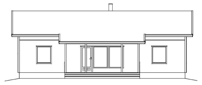 Arkitektonisk opprisstegning av et enetasjes hus med vinduer, dører og skorstein.