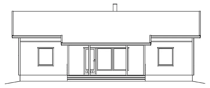 Architektonische Ansicht eines Hauses mit Veranda, Fenstern, Tür und Schornstein auf dem Dach.