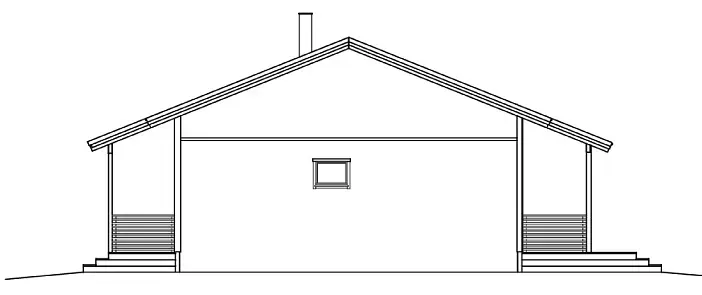 Seitenansicht eines Hauses mit Satteldach, Schornstein, kleinem Fenster und Veranden mit Stufen auf jeder Seite.
