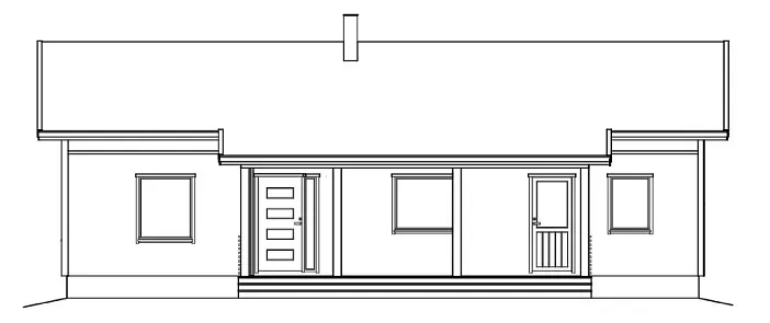 Aufriss eines einstöckigen Hauses mit Veranda, Tür, Fenstern und Schornstein.