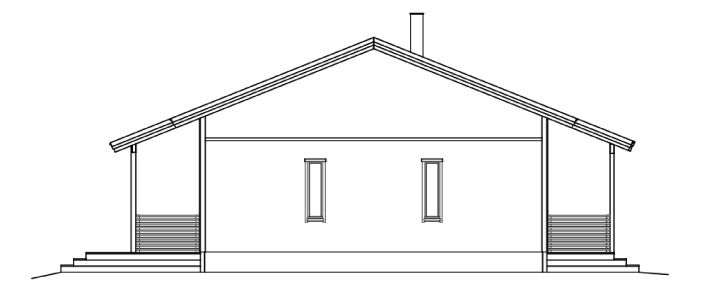 Arkitektonisk tegning fra siden av et hus med skråtak, skorstein og veranda på hver side.