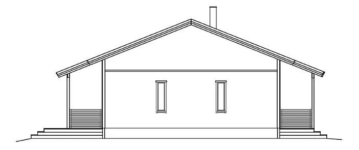 Seitenansichtszeichnung eines kleinen Hauses mit Satteldach, Veranda, Schornstein und zwei rechteckigen Fenstern.