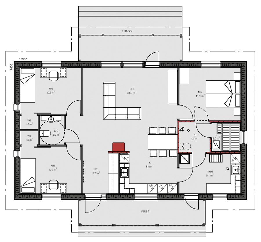 Plantegning av et hus som viser rom, møbler og trapper i grått og hvitt.