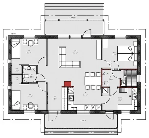 Grundriss eines Hauses mit den Zimmern, der Möbelanordnung und den Maßen in einer Draufsicht.