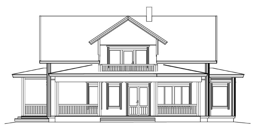 Arkitektonisk tegning forfra av et toetasjes hus med veranda og saltak.