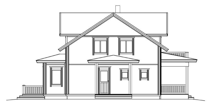Svart-hvitt arkitektonisk tegning av et toetasjes hus med saltak, veranda og pipe.