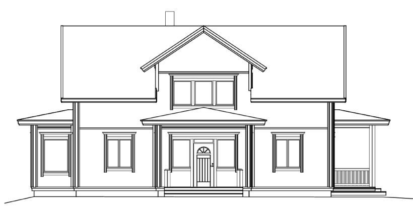 Linjetegning av et hus med veranda og vinduer, to etasjer høyt, med skorstein.