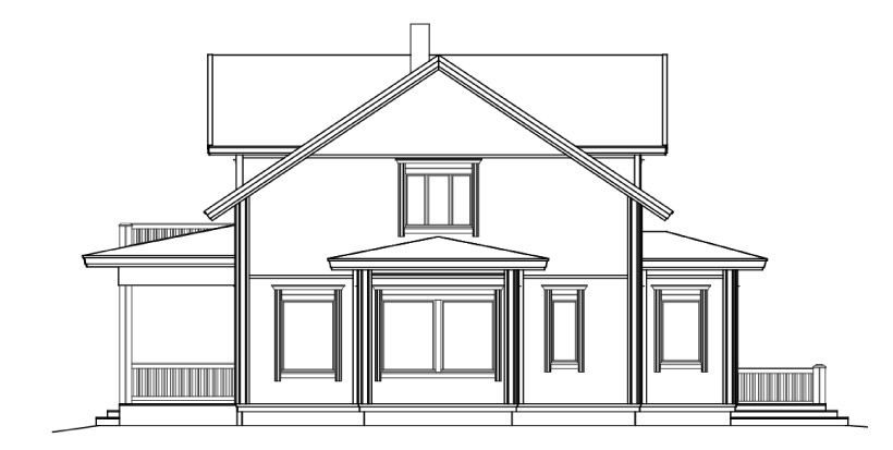 Arkitektonisk tegning av et toetasjes hus med saltak og veranda.