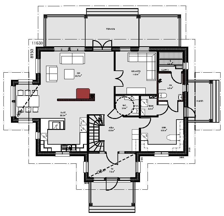 Arkitektonisk plantegning av et hus, med forskjellige rom, dimensjoner og en sentral trapp.
