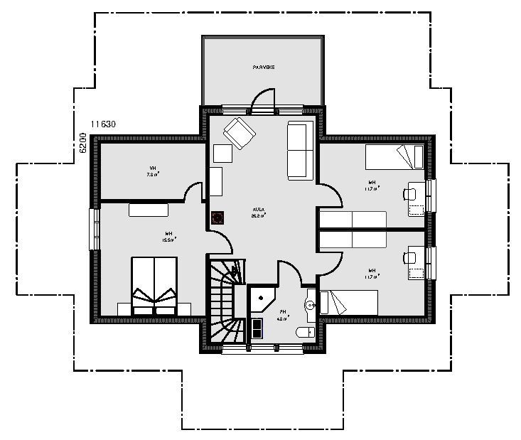 Plantegning av et toetasjes hus med soverom, stue, trapper og balkong.