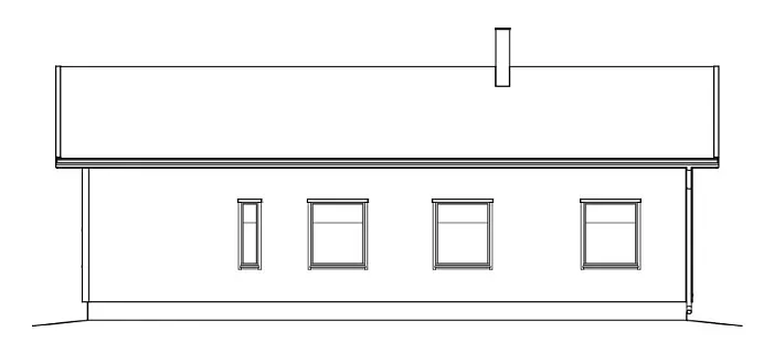 Aufrisszeichnung eines einstöckigen Gebäudes mit Flachdach, Fenstern und Schornstein.