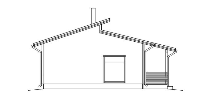 Arkitektonisk tverrsnitt av et hus med veranda og skorstein.