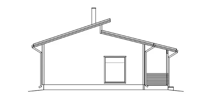 Architektonischer Querschnitt eines Hauses mit Schrägdach, Schornstein und kleiner Veranda.