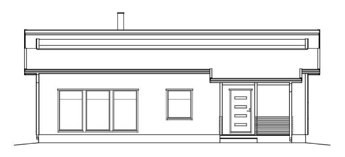 Et moderne hus med flatt tak, vinduer, en dør og en liten veranda.