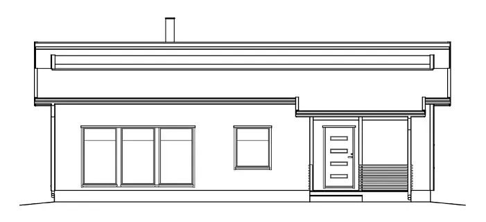 Ein weißes, einstöckiges Haus mit Flachdach und kleiner Veranda.