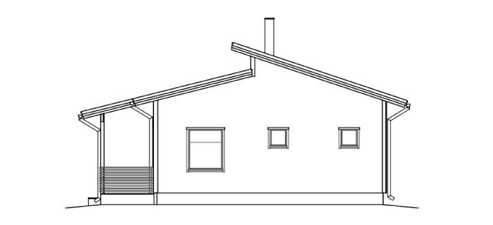 Sidevisning av et hus med veranda og skråtak. Det har vinduer og pipe.