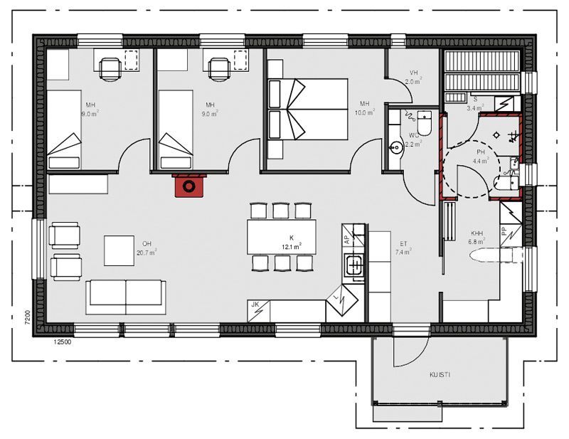 Plantegning av et hus med merkede rom, inkludert stue, kjøkken og soverom.