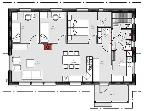 Grundriss eines Hauses mit Wohn-, Ess- und Schlafzimmern. Graue Wände mit schwarzen Umrissen, zeigt Layout und Möbel.