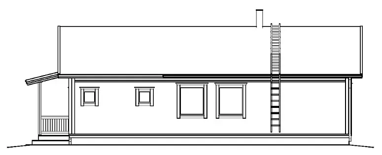 Seitenansicht eines Hauses mit Veranda, Fenstern und einer Leiter zum Dach.
