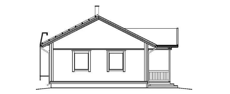 Seitenansicht eines kleinen Hauses mit Satteldach, zwei Fenstern und einer kleinen Veranda mit Treppe.