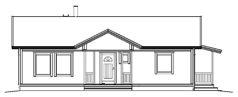 Svart-hvitt linjetegning av et bungalowhus med veranda og skråtak.