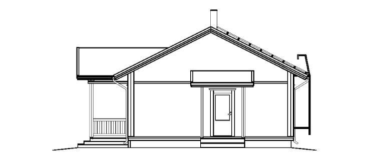 Linjetegning av et lite hus med veranda og pipe.