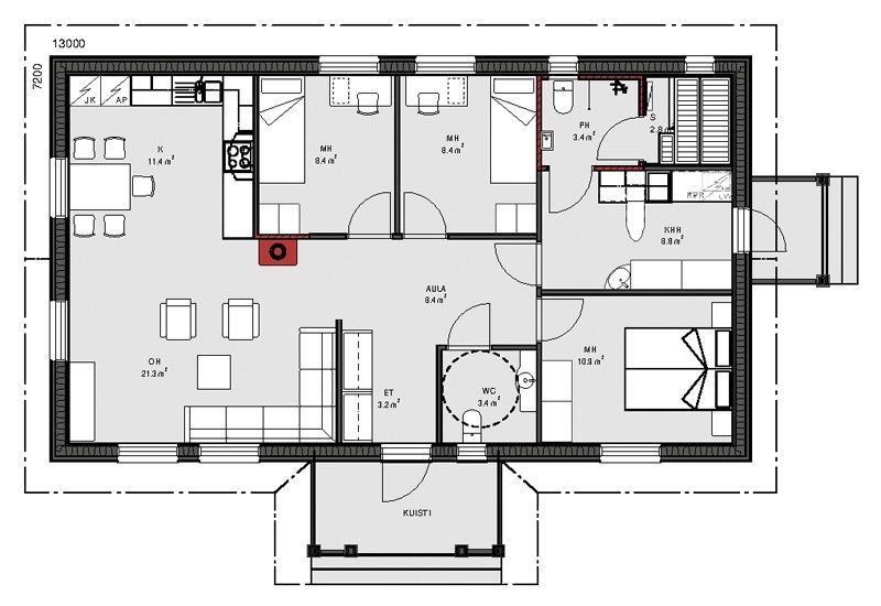 Plantegning av et hus, med rom som kjøkken, stue, soverom og bad.
