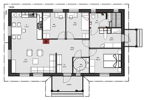 Grundriss eines Hauses mit beschrifteten Räumen, darunter Küche, Schlafzimmer und Badezimmer.