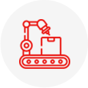 Ein Symbol eines Roboterarms, der eine Kiste auf einem Förderband hält.