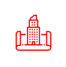 Ein rotes Liniensymbol eines Gebäudes auf weißem Hintergrund.