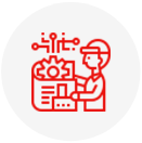 Ein rotes Liniensymbol eines Mannes, der an einer Maschine arbeitet.