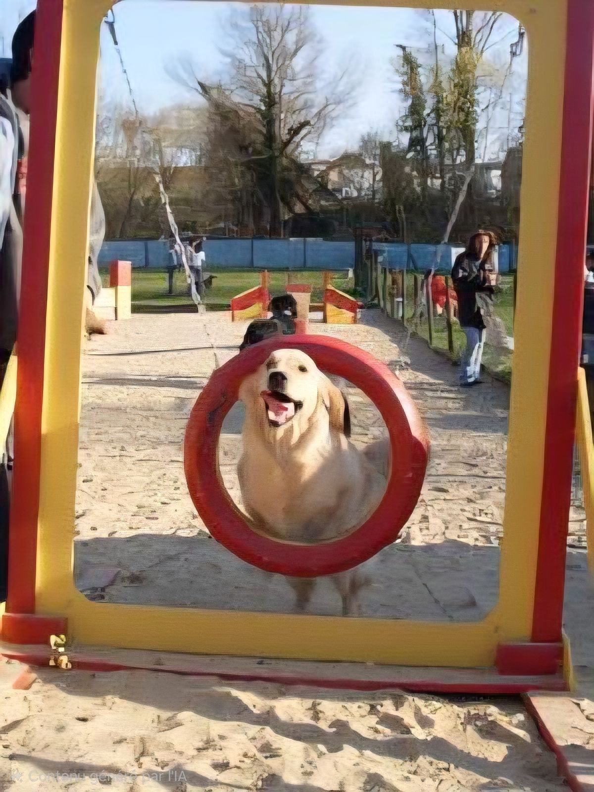 Un golden-retriever saute à travers un cerceau de pneu rouge sur une structure jaune et rouge sur un parcours d'agilité.