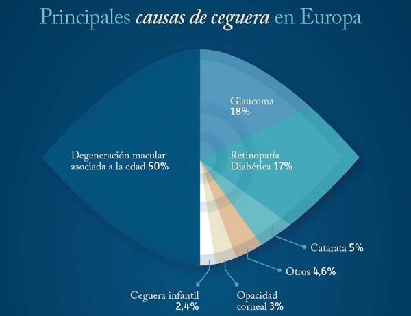 Un gráfico circular que muestra las causas de la ceguera en Europa.