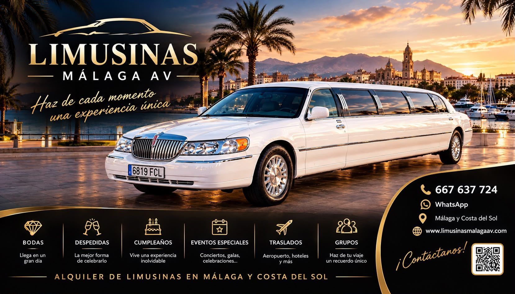 Limusina blanca alargada al atardecer con un anuncio de alquiler de lujo de “Limusinas Málaga” y datos de contacto.
