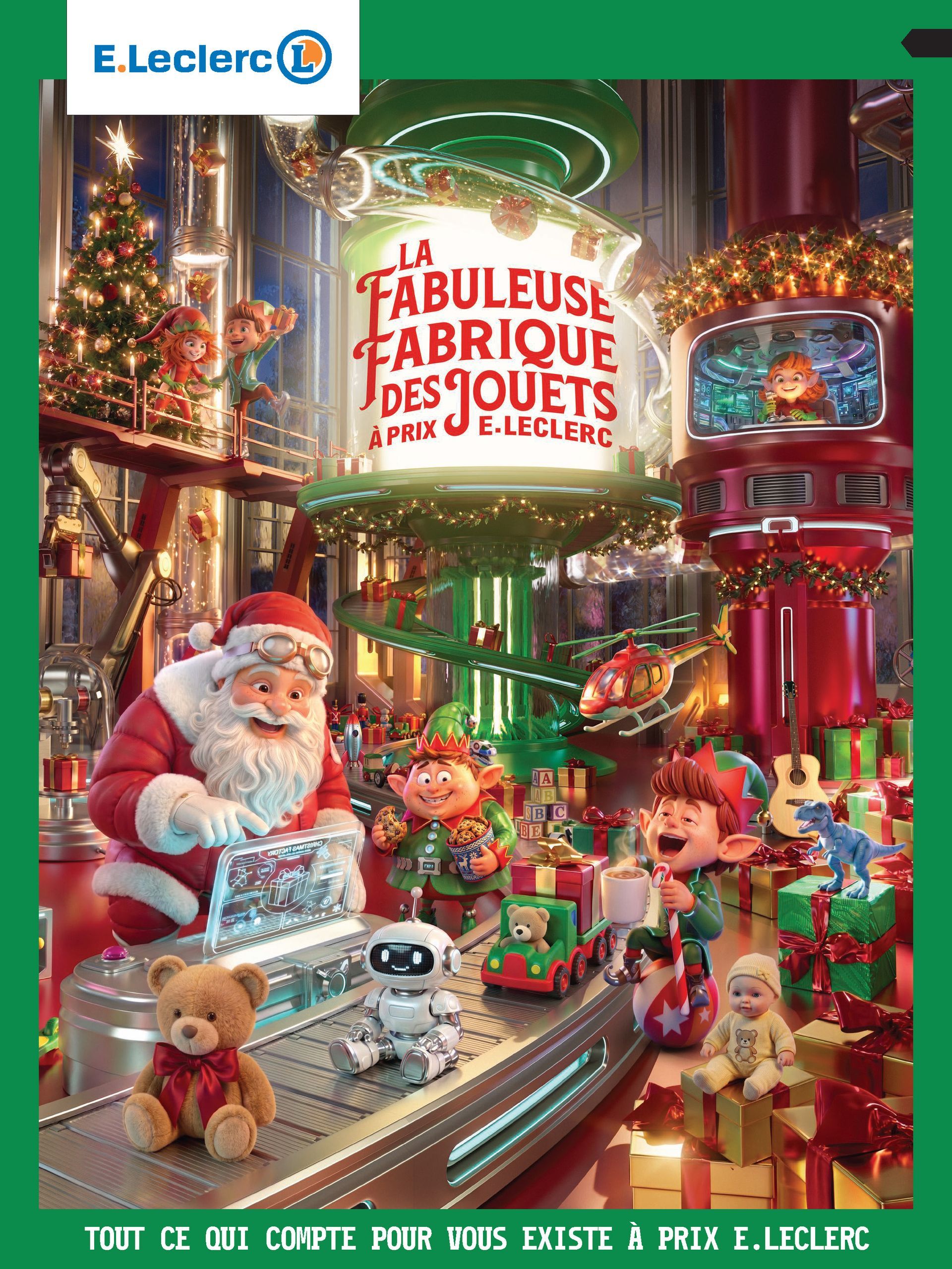 La fabuleuse fabrique des jouets à prix E.Leclerc. Présentation de la fabrique avec le Père Noël et des lutins en train de préparer les jouets. Tout ce qui compte pour vous existe à prix E.Leclerc.