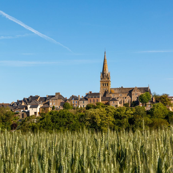 Vue de loin de la pointe de l'église de Bécherel.