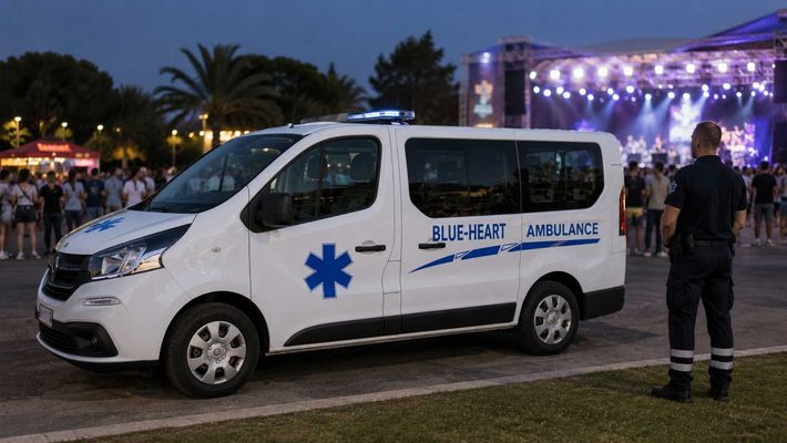 Ασθενοφόρο βαν Blueheart παρκαρισμένο κοντά σε φωτισμένη υπαίθρια σκηνή συναυλίας το σούρουπο