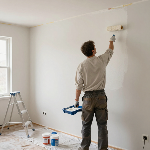 Una persona pintando una pared blanca en una habitación luminosa, con una escalera y botes de pintura cerca.