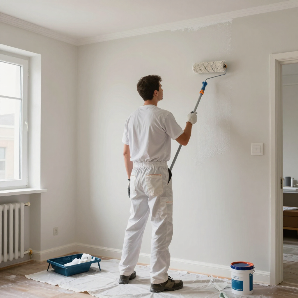 Un pintor aplicando pintura blanca con un rodillo en una pared de una habitación luminosa y vacía