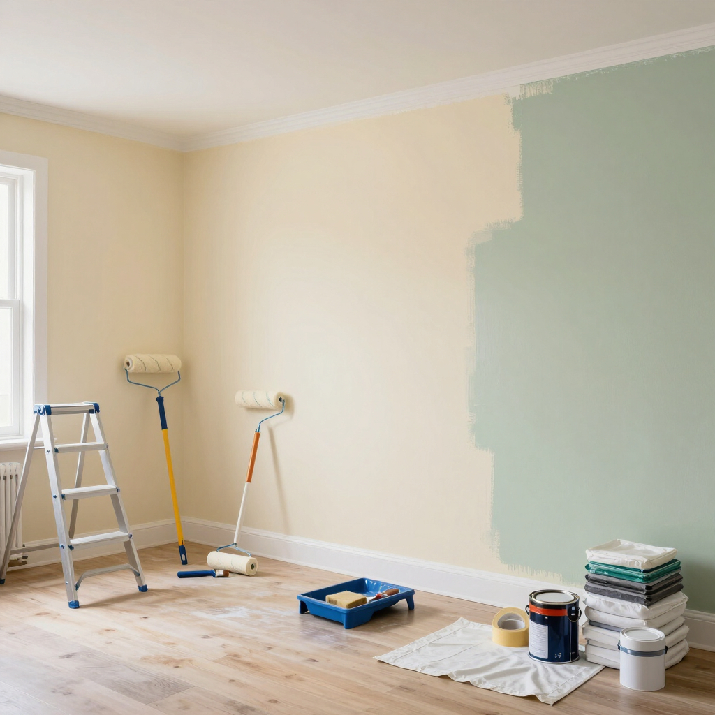 Habitación recién pintada, con una escalera, rodillos y materiales en el suelo