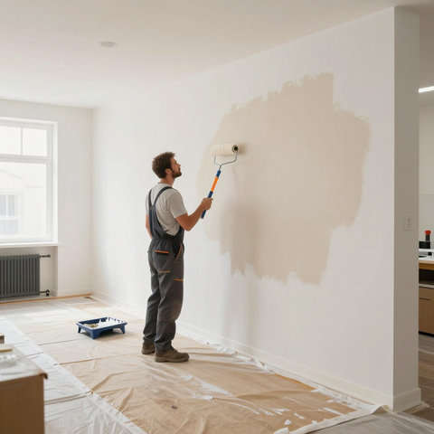 Pintor aplicando pintura blanca con un rodillo en una pared de una habitación luminosa y vacía, con el suelo cubierto con lonas de protección