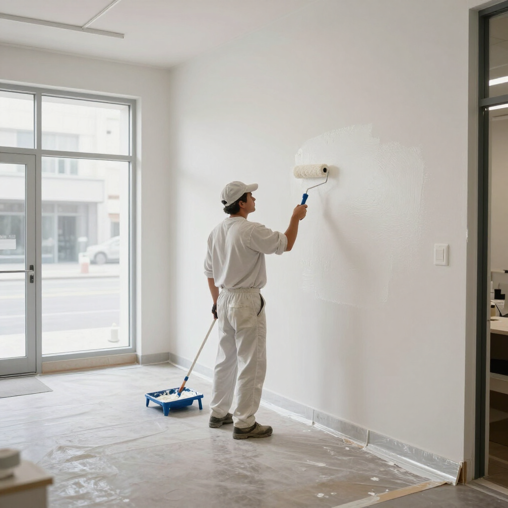 Un pintor con un mono blanco aplicando pintura blanca con un rodillo en una pared de una habitación vacía y luminosa