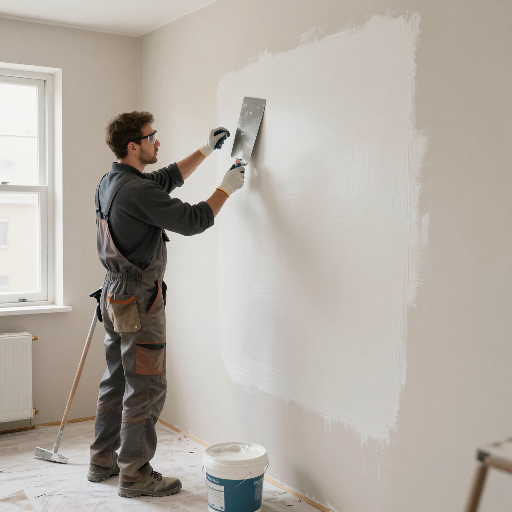 Una persona enluciendo una pared blanca con una llana en una habitación casi vacía con una ventana.