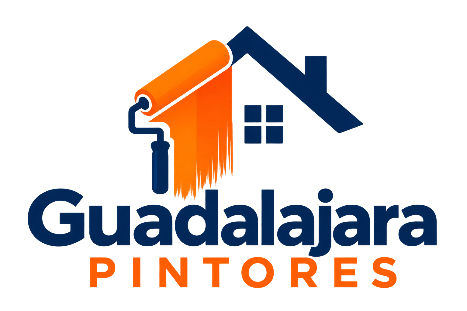 Logotipo para Guadalajara Pintores con el icono de una casa y un rodillo de pintura naranja en azul y naranja