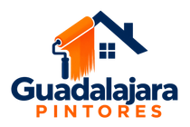 Logotipo para Guadalajara Pintores con el icono de una casa y un rodillo de pintura naranja en azul y naranja