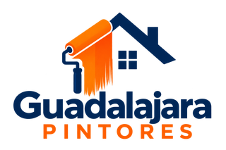 Logotipo para Guadalajara Pintores con el icono de una casa y un rodillo de pintura naranja en azul y naranja
