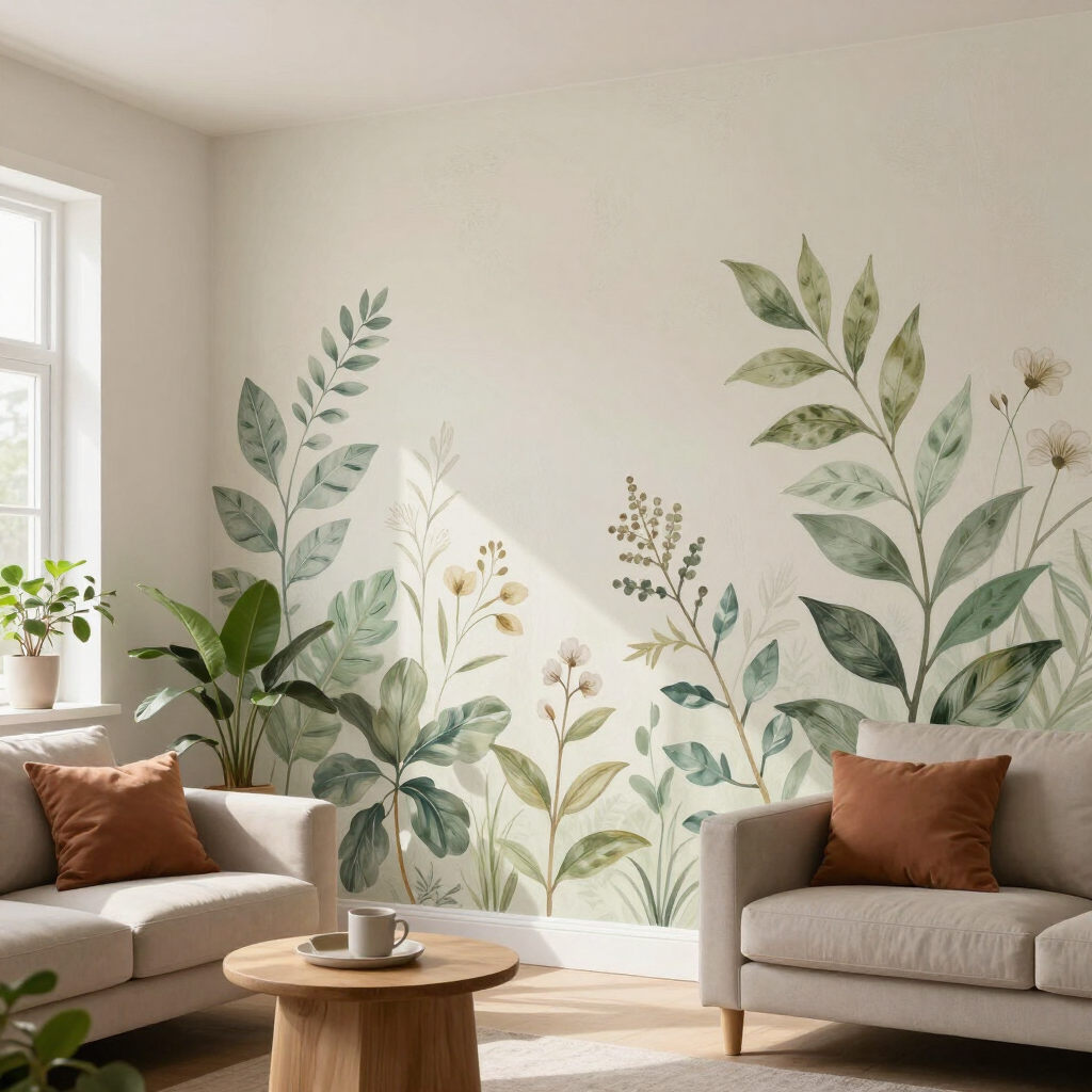 Salón luminoso con un mural floral en la pared, dos sofás beige y una mesa de centro redonda de madera.