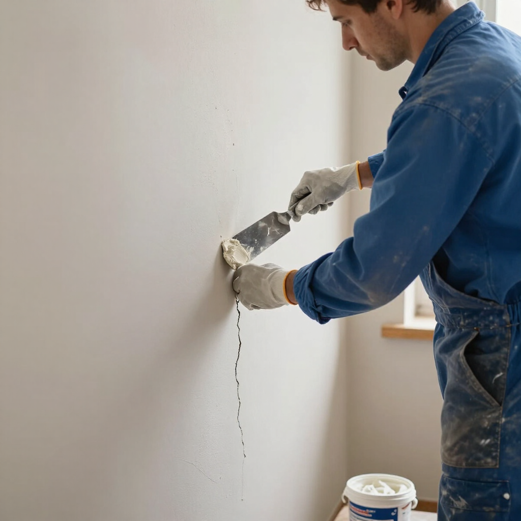 Trabajador con mono azul aplicando yeso a una pared con una llana, con un cubo de pintura blanca cerca.