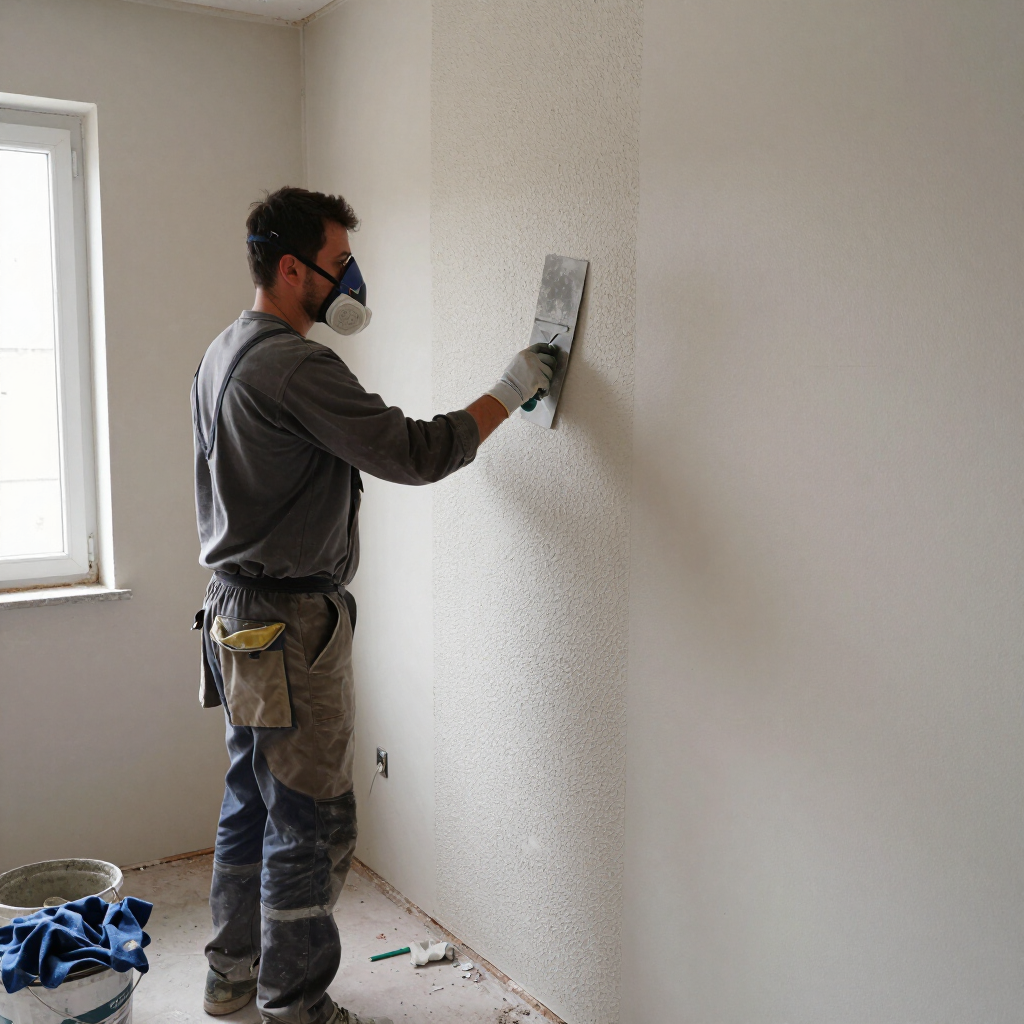 Hombre con mascarilla antipolvo enluciendo una pared interior blanca en una habitación casi vacía