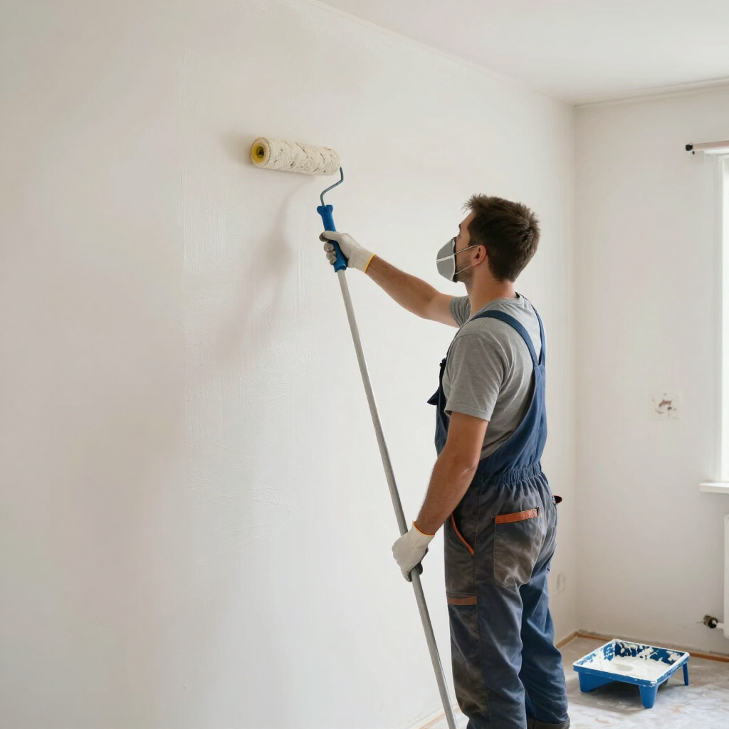 Un trabajador pinta una pared blanca con un rodillo sujeto a un palo largo en una habitación luminosa